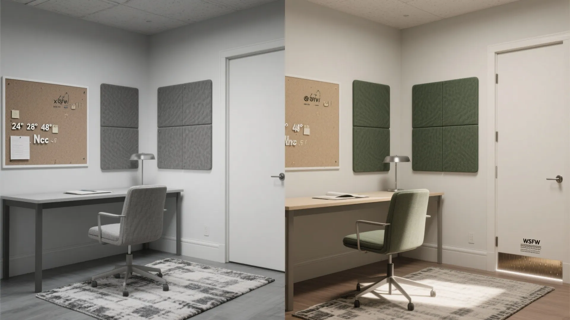 Side by side comparison of a home office with grey and green wall sound panels