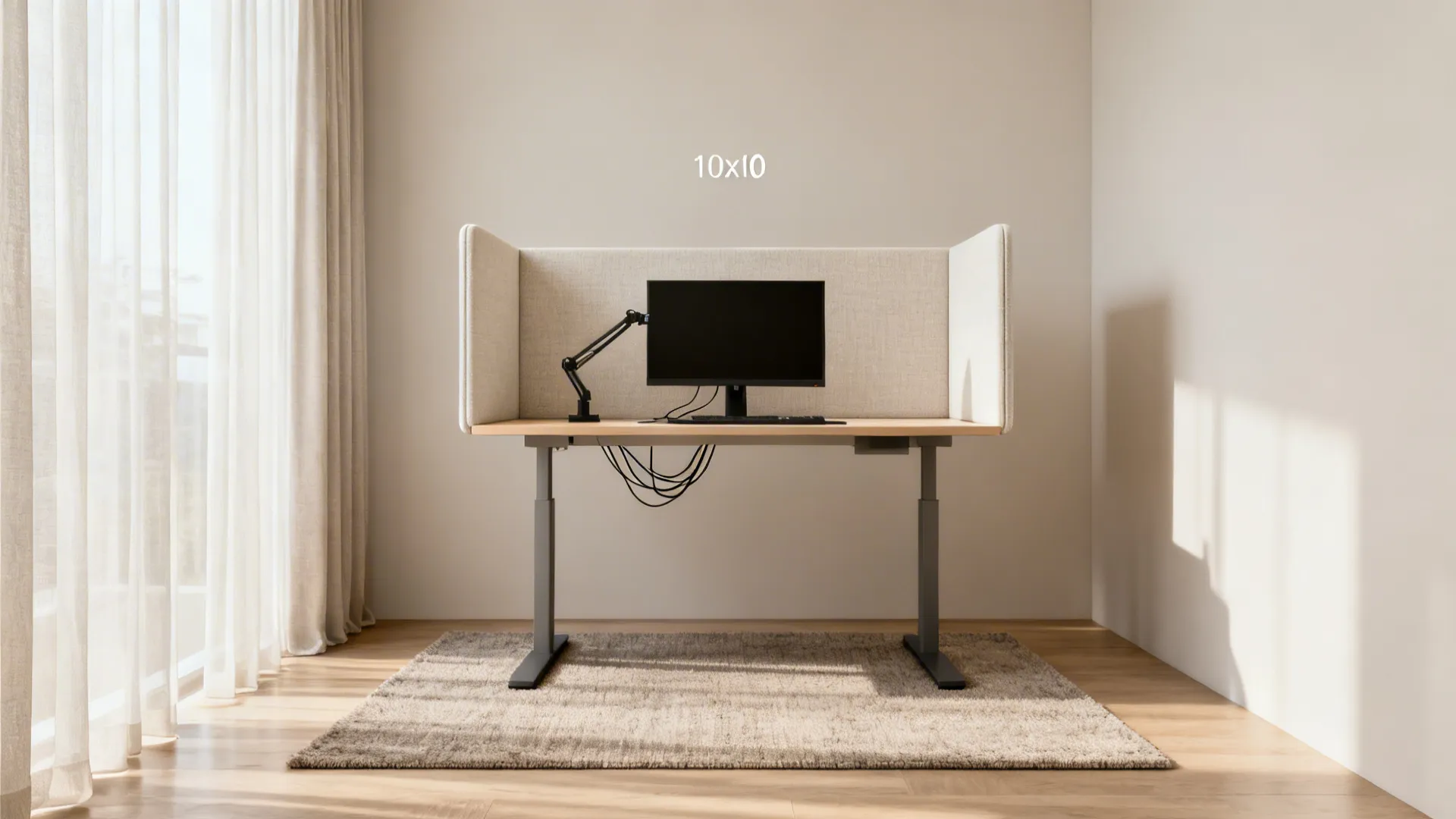 Height adjustable standing desk with privacy screen monitor and lamp on a rug in bright room