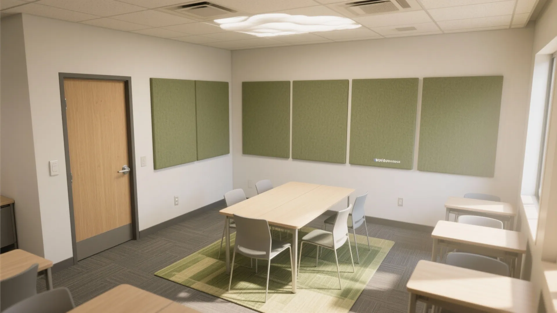 Modern classroom interior with large wooden table grey chairs green wall panels and a ceiling light