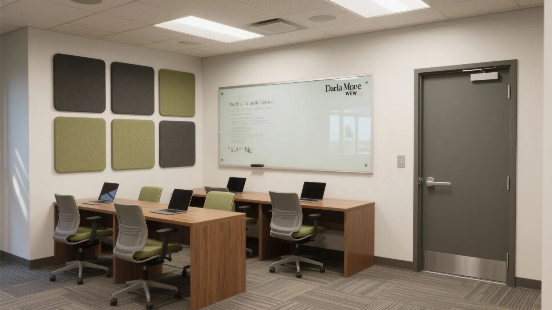 Conference room featuring wooden table green chairs moss wall art white board and ceiling light