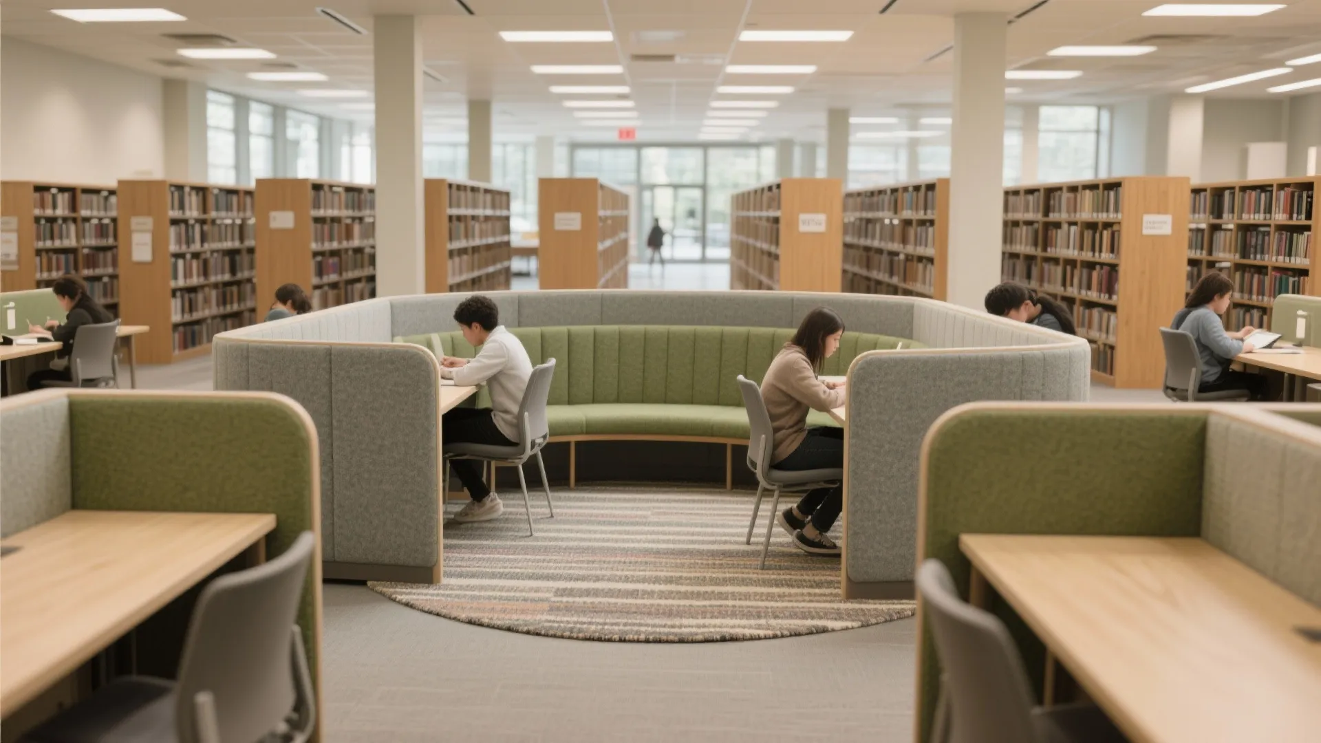 Open library space with people sitting at curved green desks, round rug, and many bookshelves