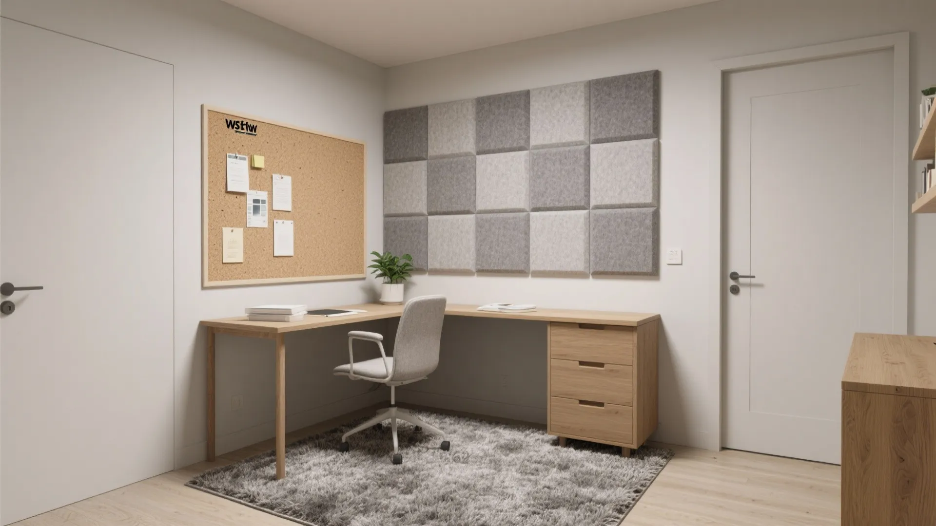 L-shaped wooden desk with a grey chair, bulletin board, wall panels, and a grey rug