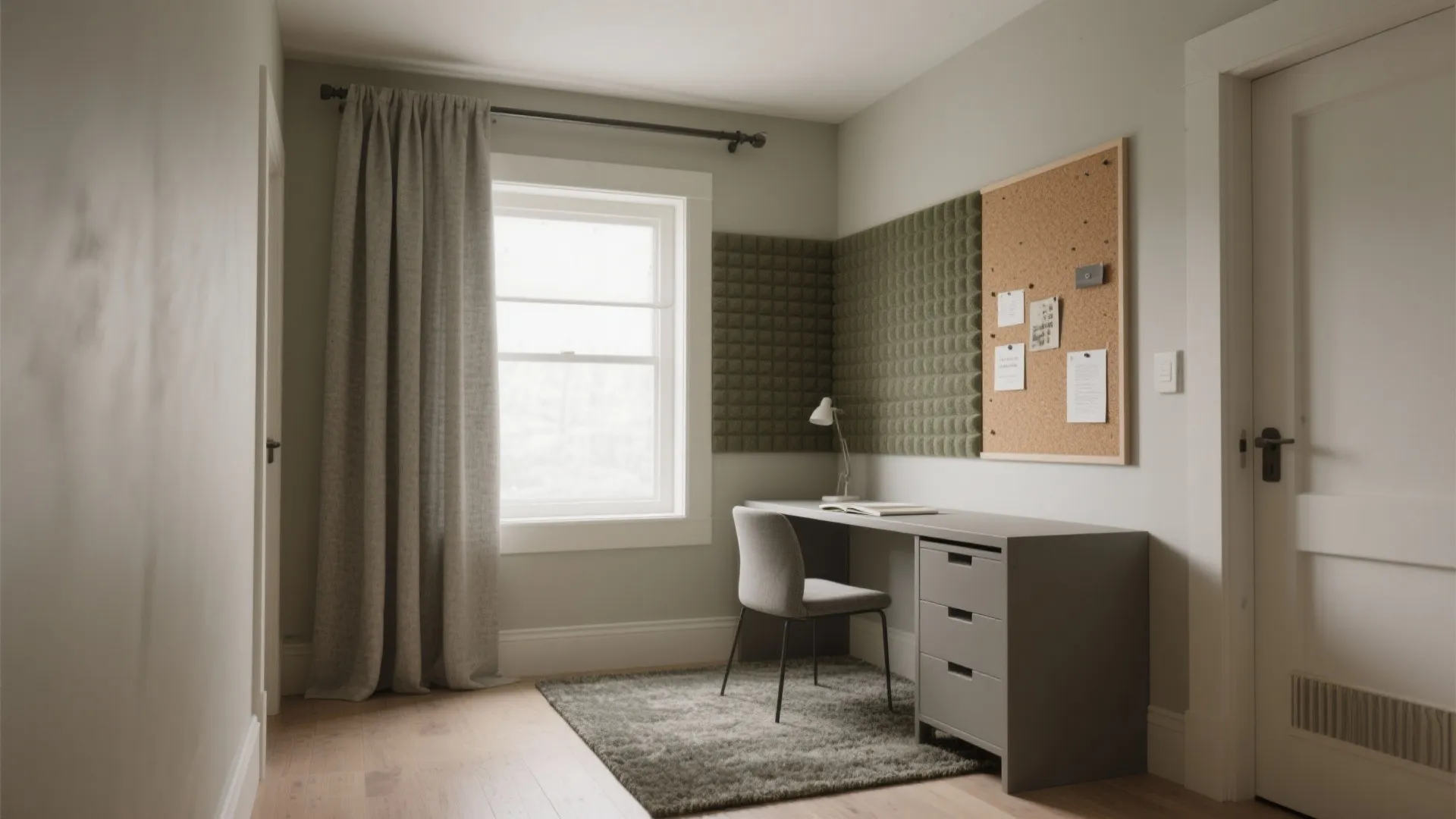 Home office corner with grey desk, chair, rug, green wall panels, corkboard, and large window