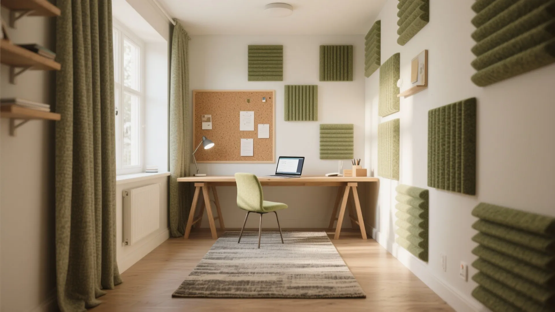 Home office featuring wooden desk, green chair, laptop, corkboard, green wall panels, rug, and window