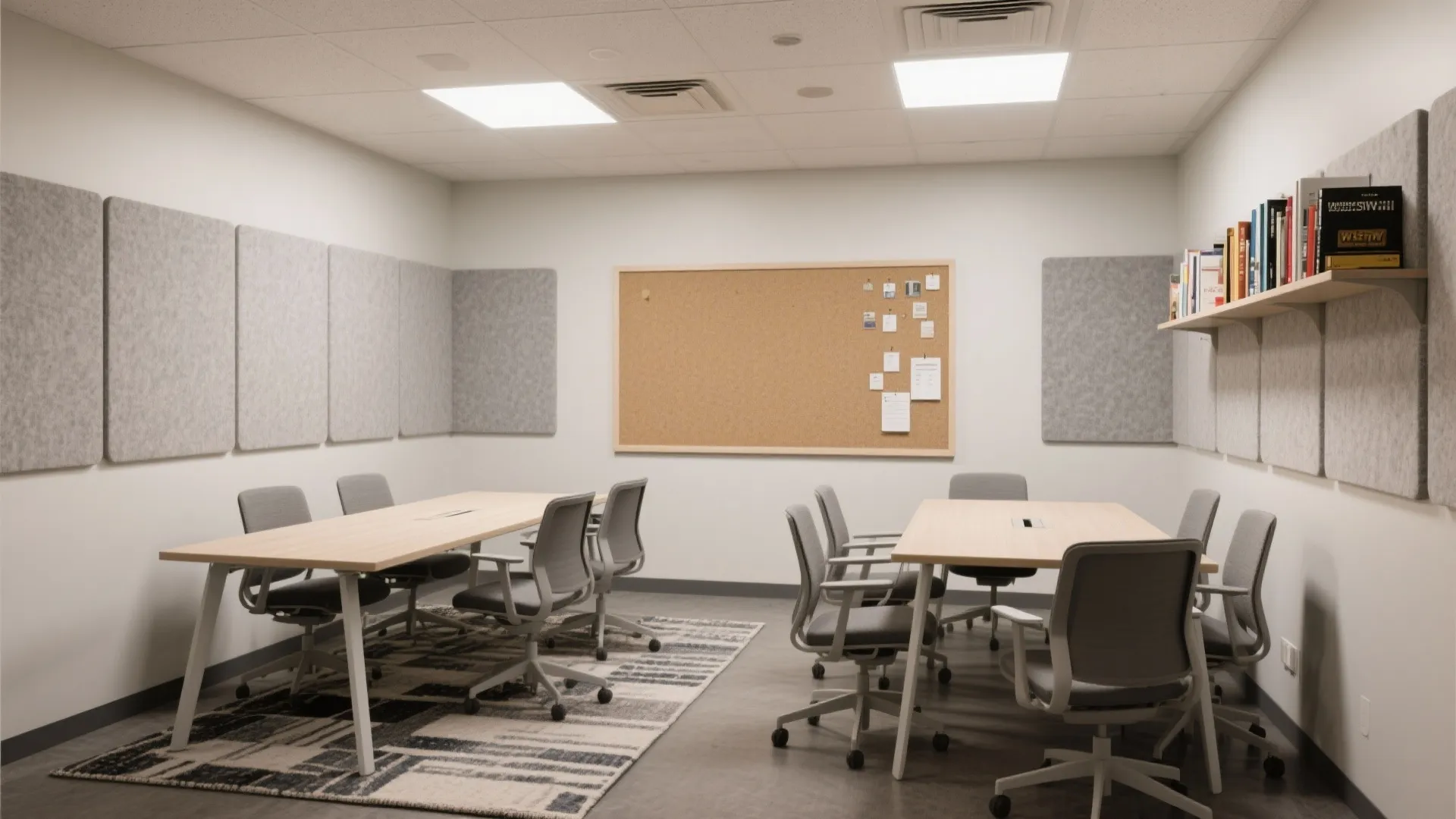 Office meeting room with wooden tables grey chairs wall panels cork board and ceiling lights