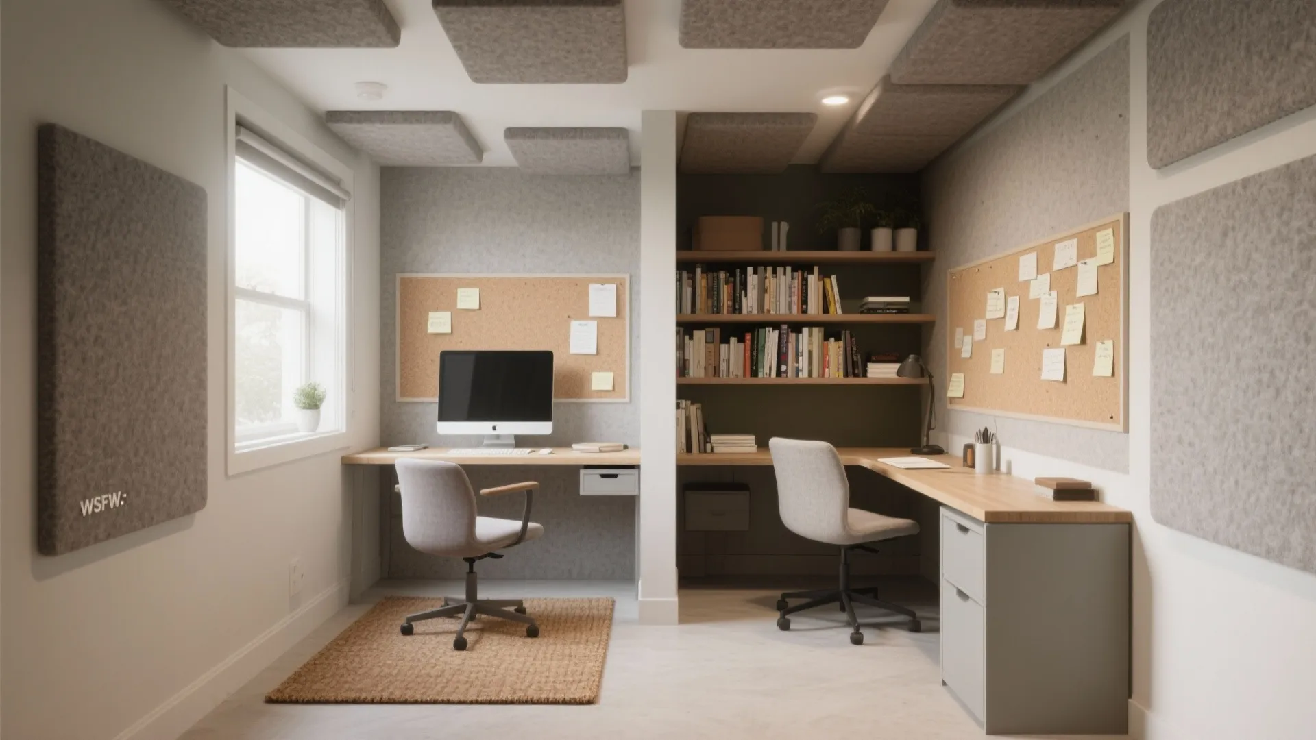 Modern home office with two workstations grey chairs wooden desks cork boards and ceiling panels