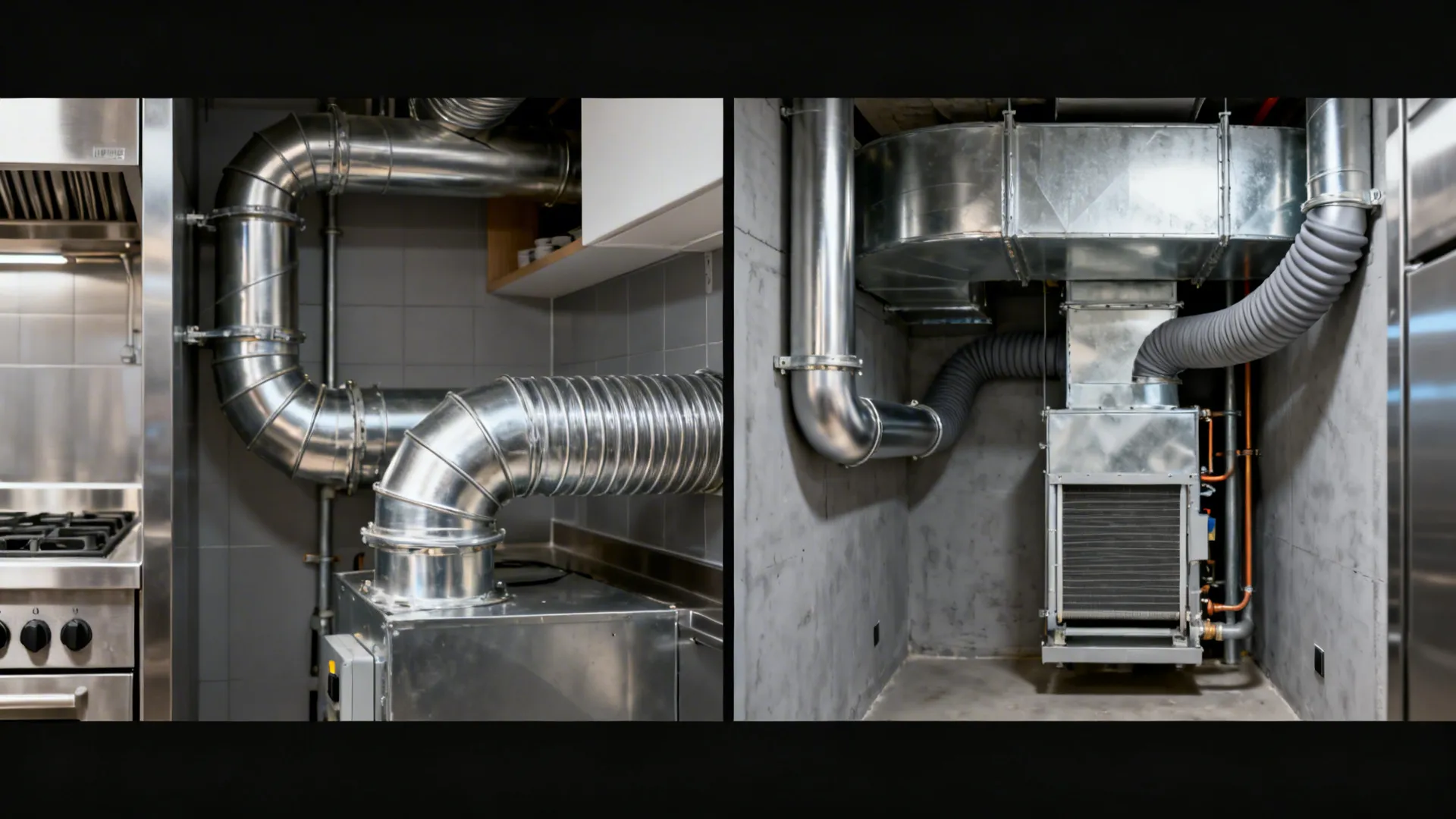 Before-and-after view showing noisy rigid ductwork replaced with isolated, smoother runs and clear service access.
