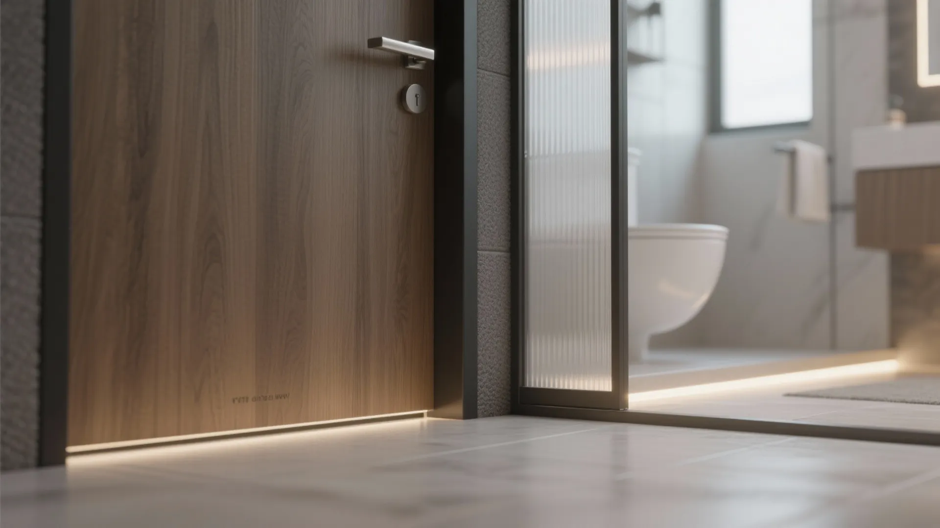 Modern wooden door with floor lighting next to a glass screen and a white bathroom toilet