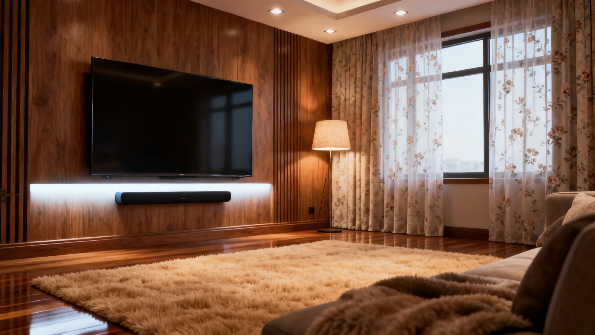 Soundbar, rugs, curtains and layered lighting around a 65-inch TV to improve acoustics and reduce glare