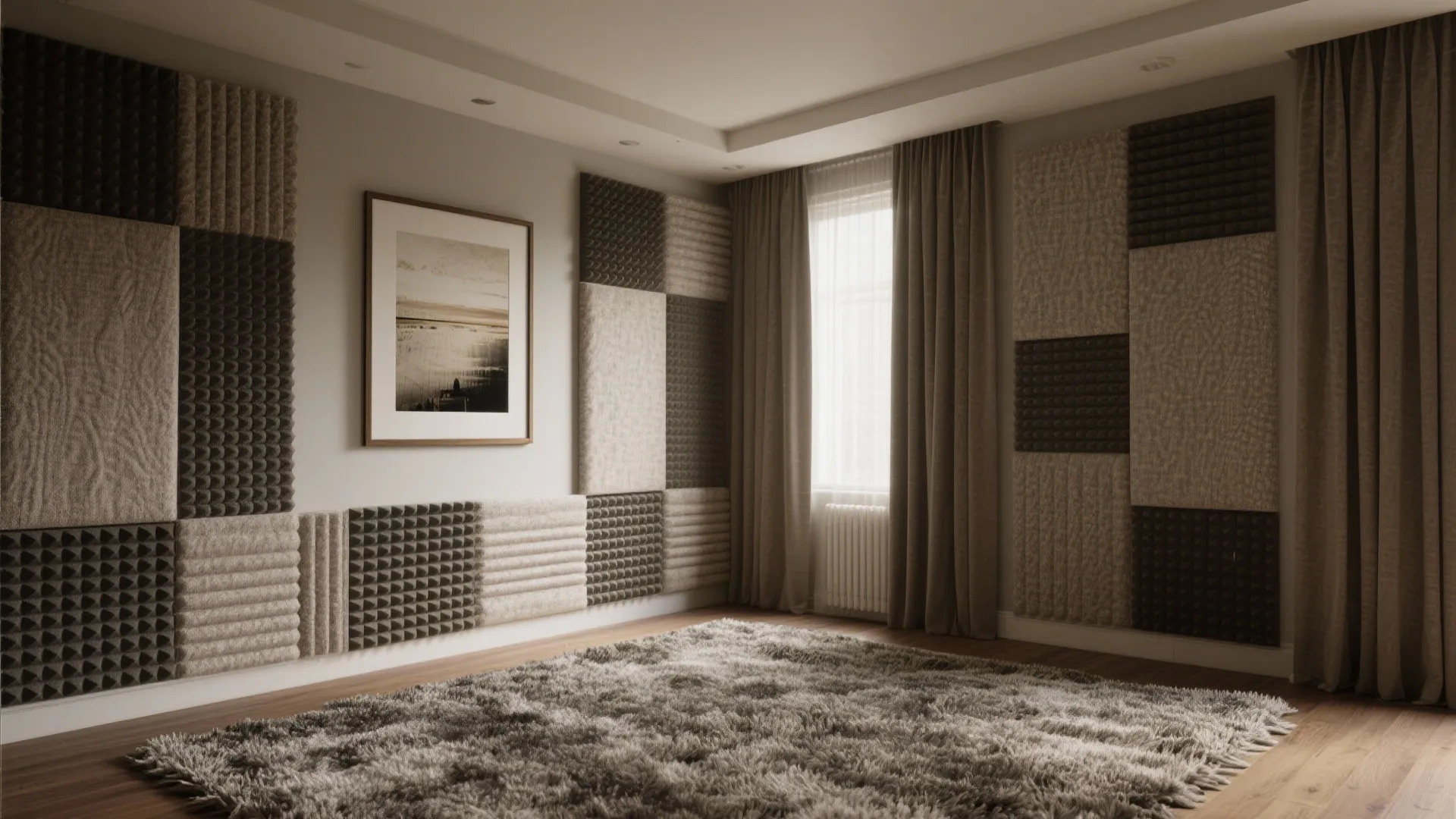 Modern recording room with beige acoustic wall panels brown curtains soft rug and natural light