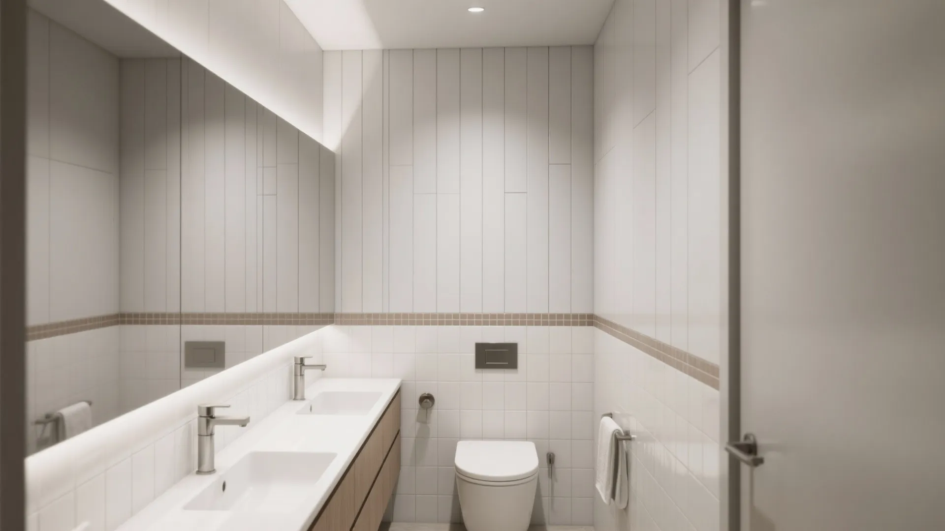 Minimalist white bathroom featuring a double sink vanity, large backlit mirror, toilet, and white tiles