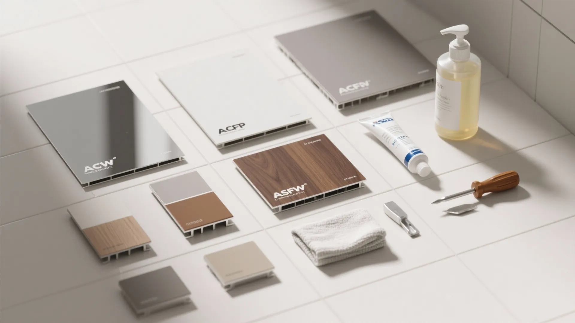 Interior material samples including wood panel and wall panels on white tiles with small tools