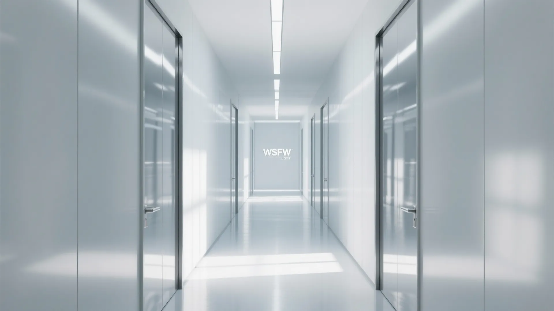 Bright white corridor with glossy wall panels reflective floor ceiling light and several closed doors