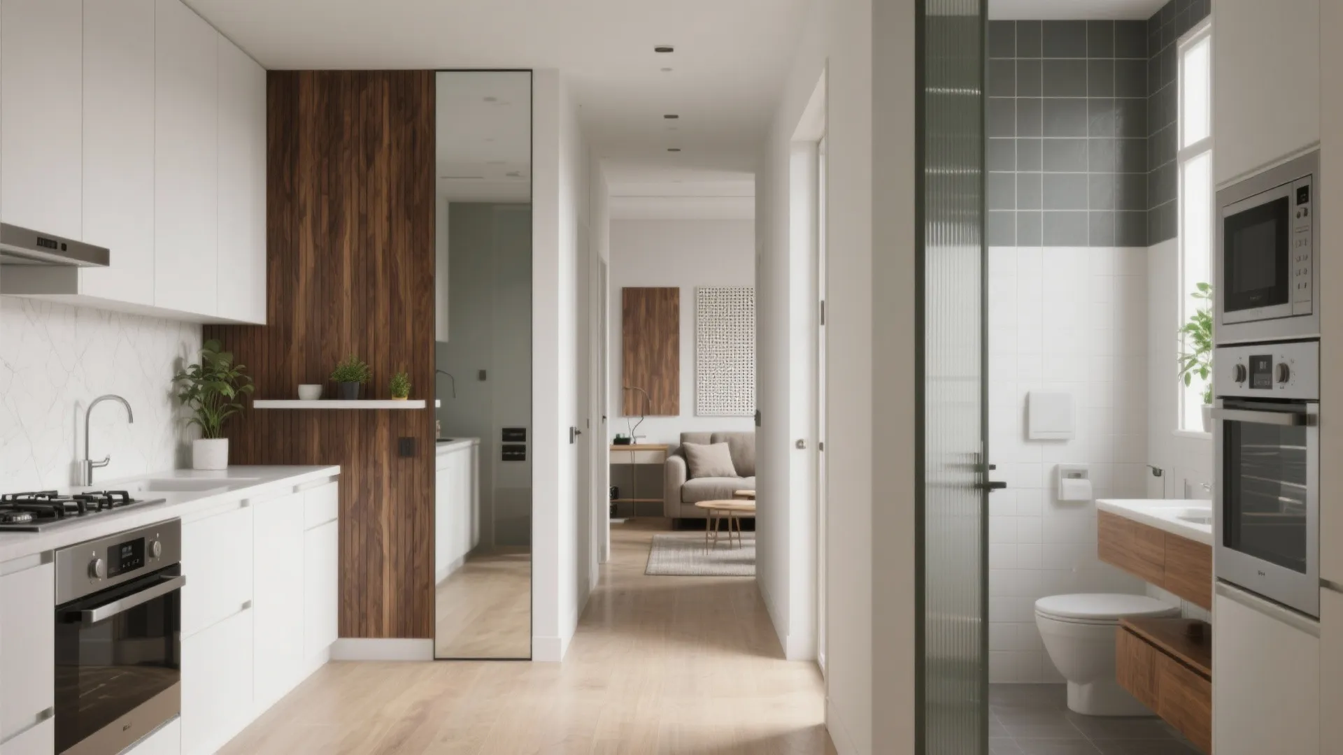Modern apartment interior featuring white kitchen cabinets, wooden wall panel, hallway, and a small bathroom