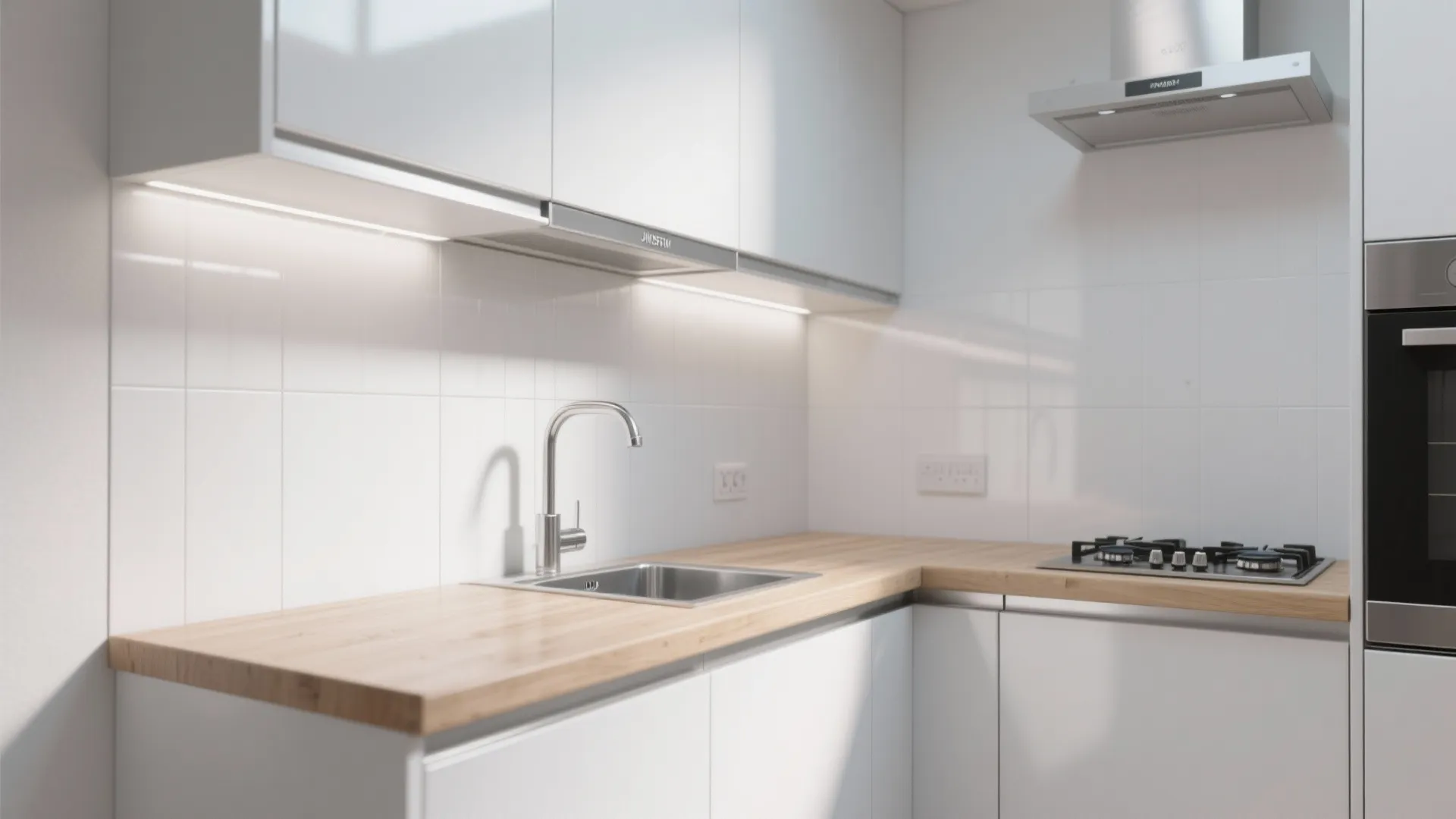 Modern kitchen featuring white cabinets, light wood countertop, sink, gas stove, and white tile backsplash