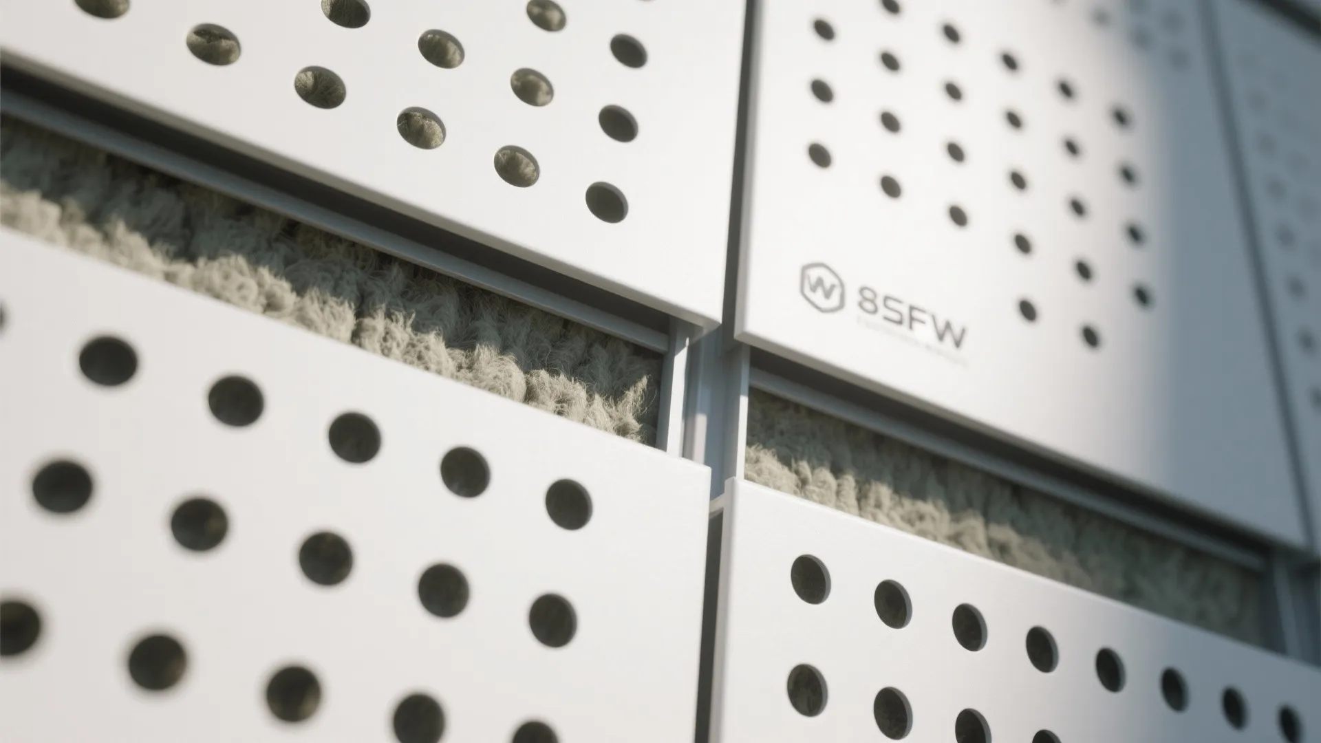 Close up of white wall panel with round holes showing insulation material for sound reduction