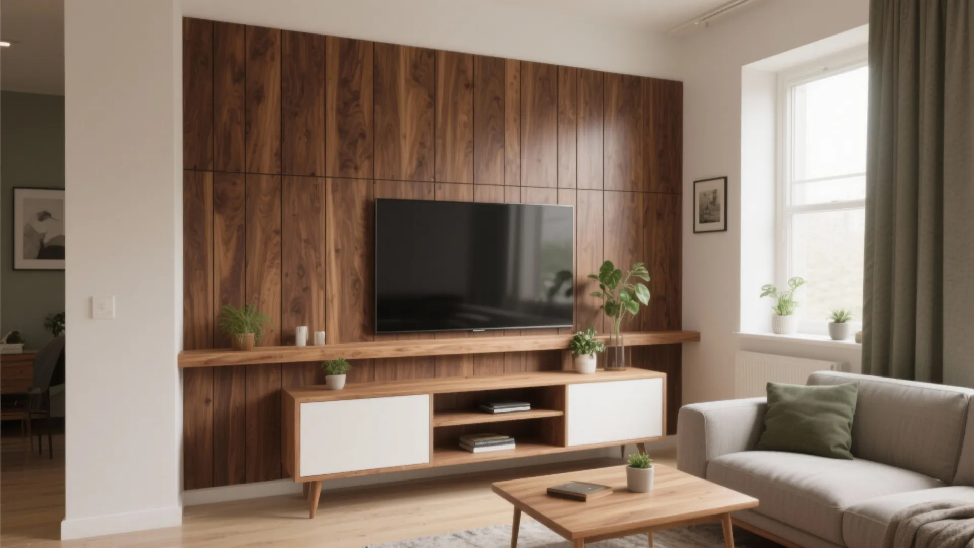 Modern living room with dark wood wall panel television cabinet grey sofa and coffee table