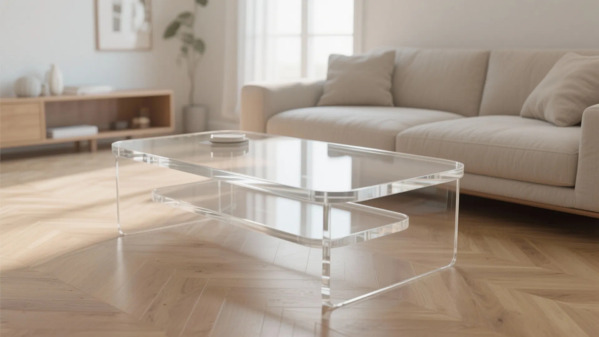 3. Transparent acrylic or glass coffee table to keep sightlines open