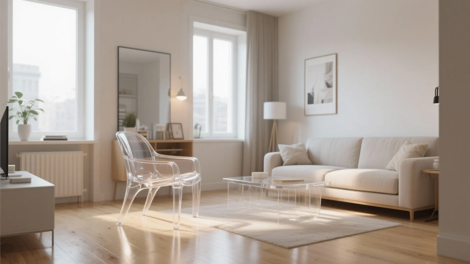 Clear plastic chair in a minimalist living room with white sofa and wooden floor boards
