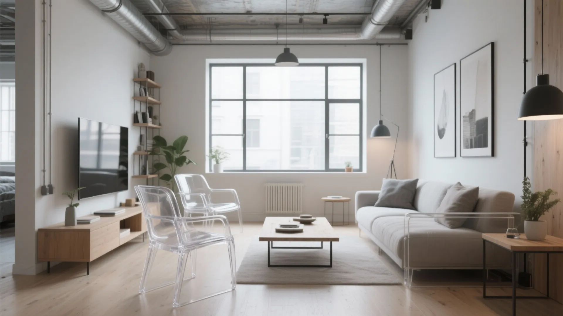 Bright living room with clear plastic chairs white sofa wooden coffee table and large window view