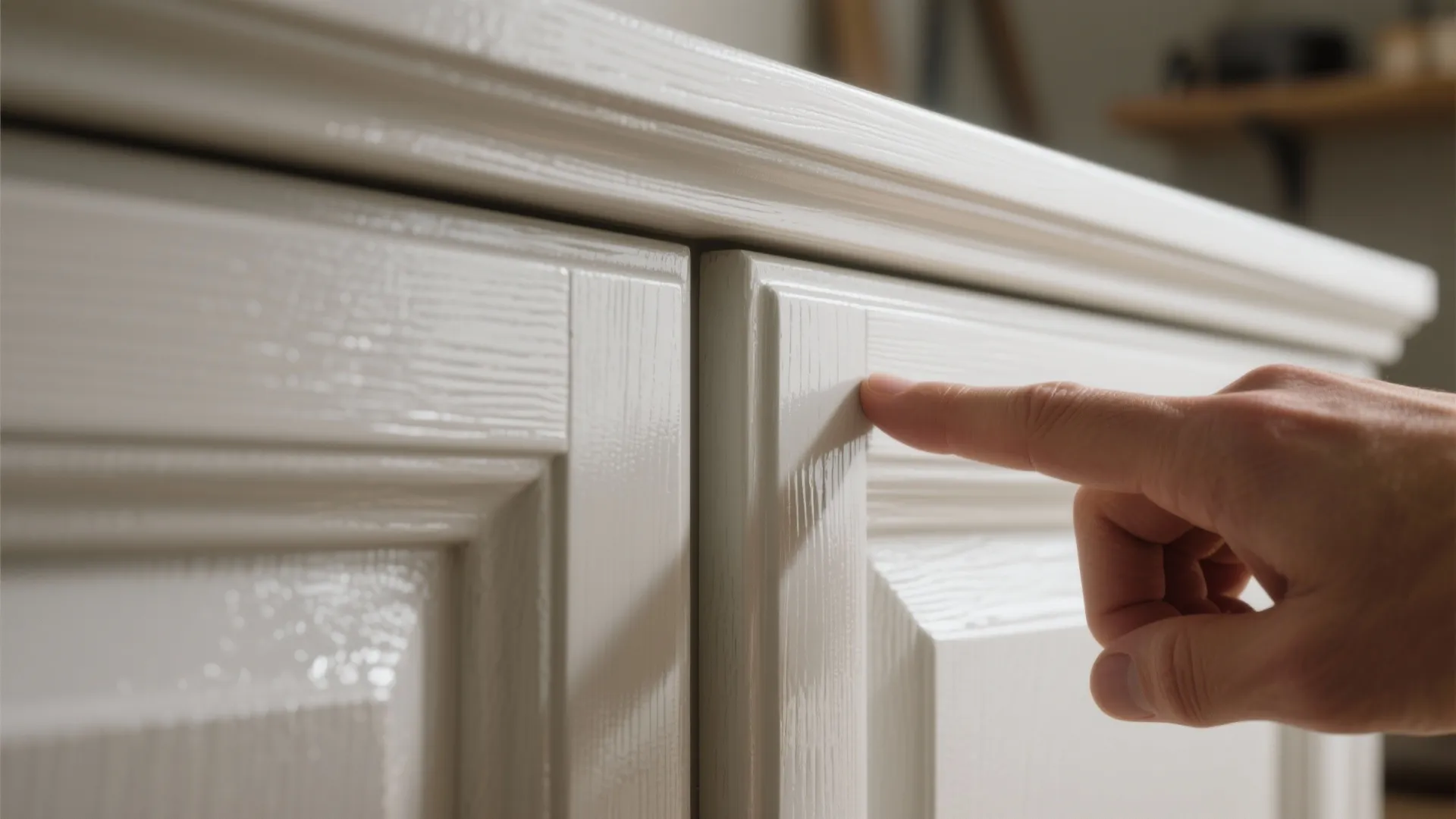 Close up of person touching a white painted wood wall panel on a kitchen cabinet door
