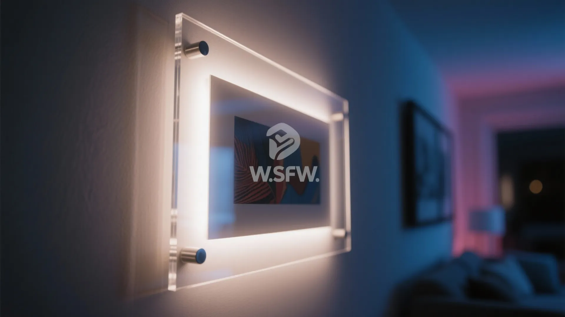 Clear acrylic wall panel with soft LED backlighting and artwork