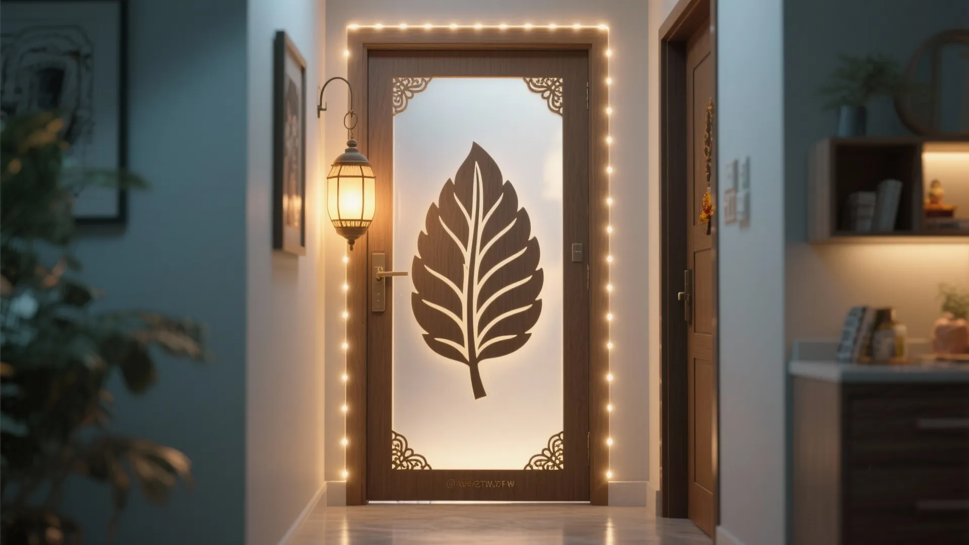 Wooden door with leaf pattern glass panel decorated with glowing string lights and wall light