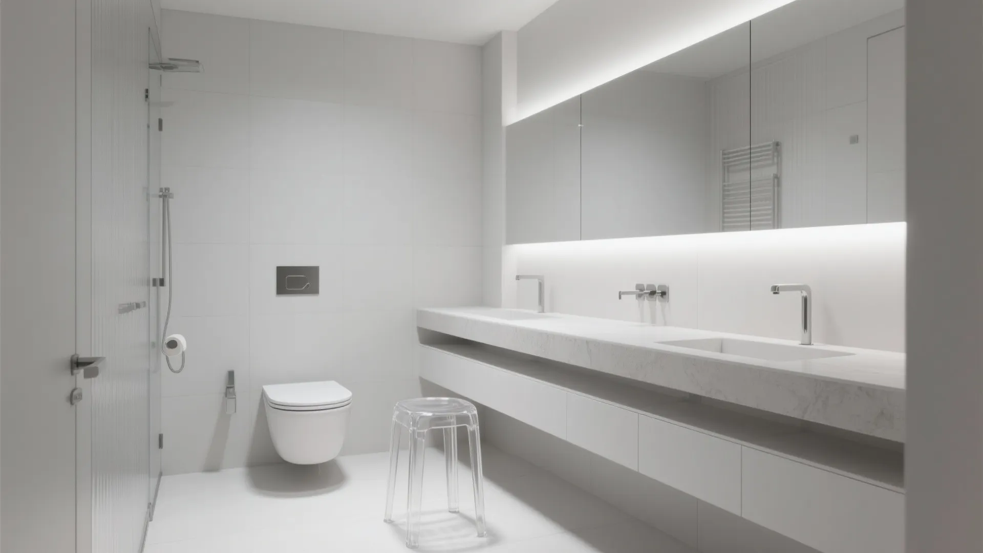 Minimalist white bathroom with clear plastic stool placed near a long marble sink and mirror