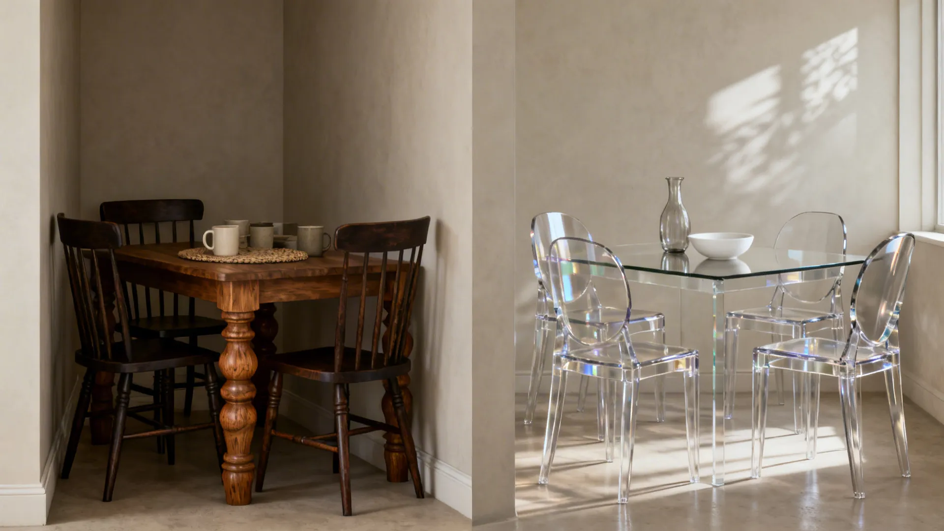 Before and after of a narrow dining alcove switching from bulky dark chairs to clear acrylic chairs.