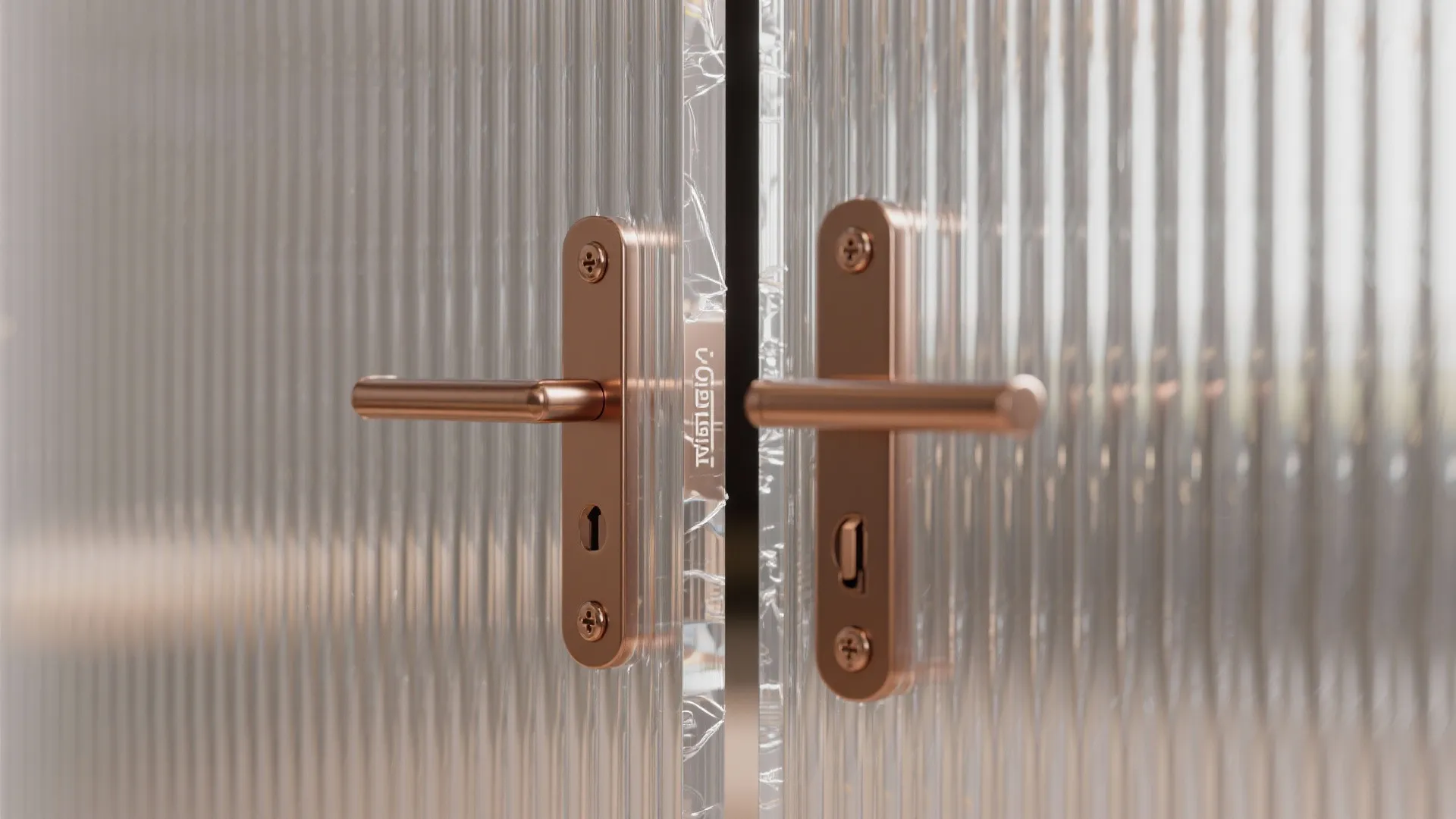 Close up of gold metal handles on clear textured glass doors in a modern home interior
