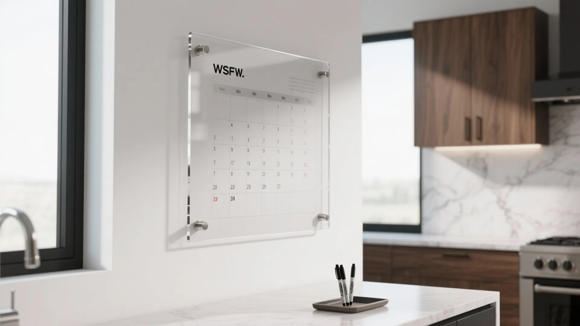 Floating clear acrylic calendar on standoffs with a subtle reverse vinyl grid in a bright kitchen.