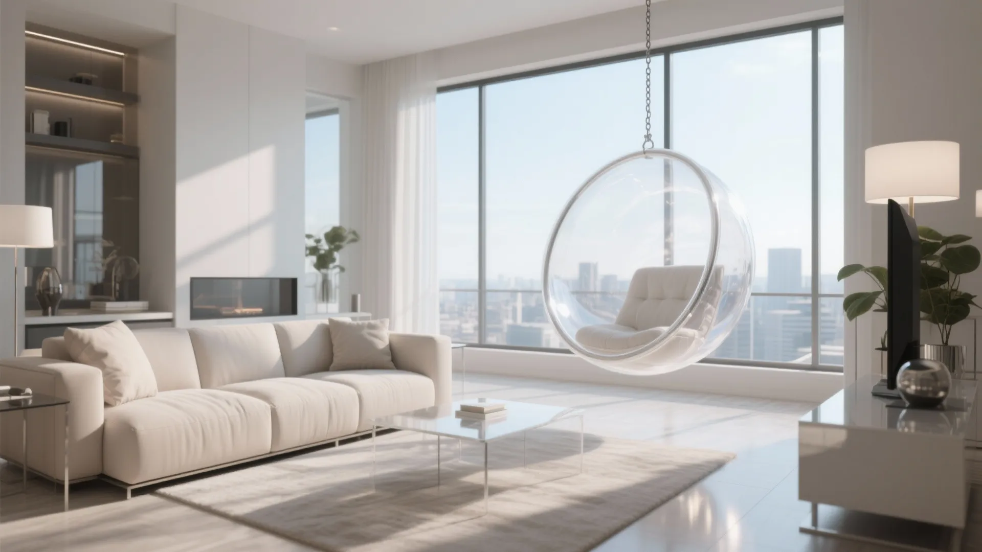 Modern bright living room with a clear bubble chair hanging near a large city window