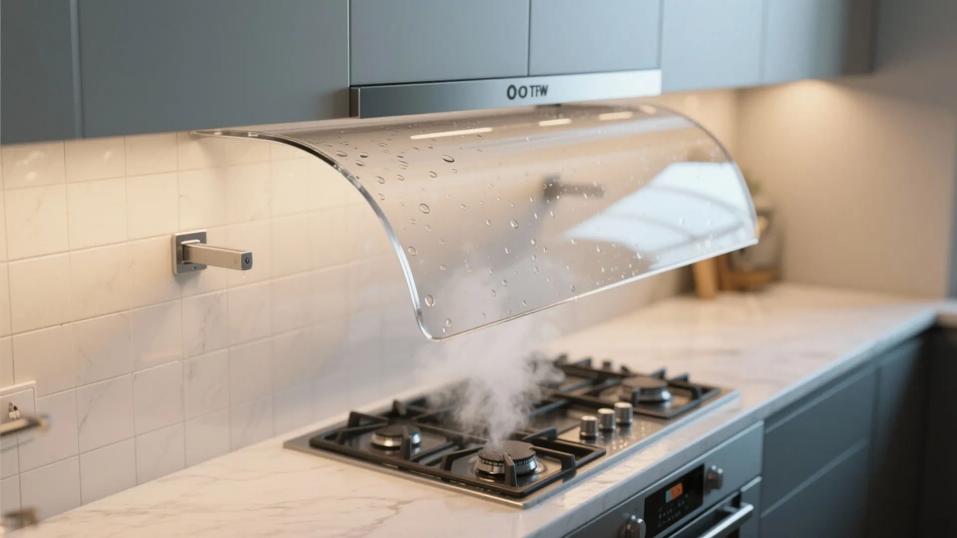 Transparent acrylic kitchen shield placed over a gas stove with steam rising in modern kitchen