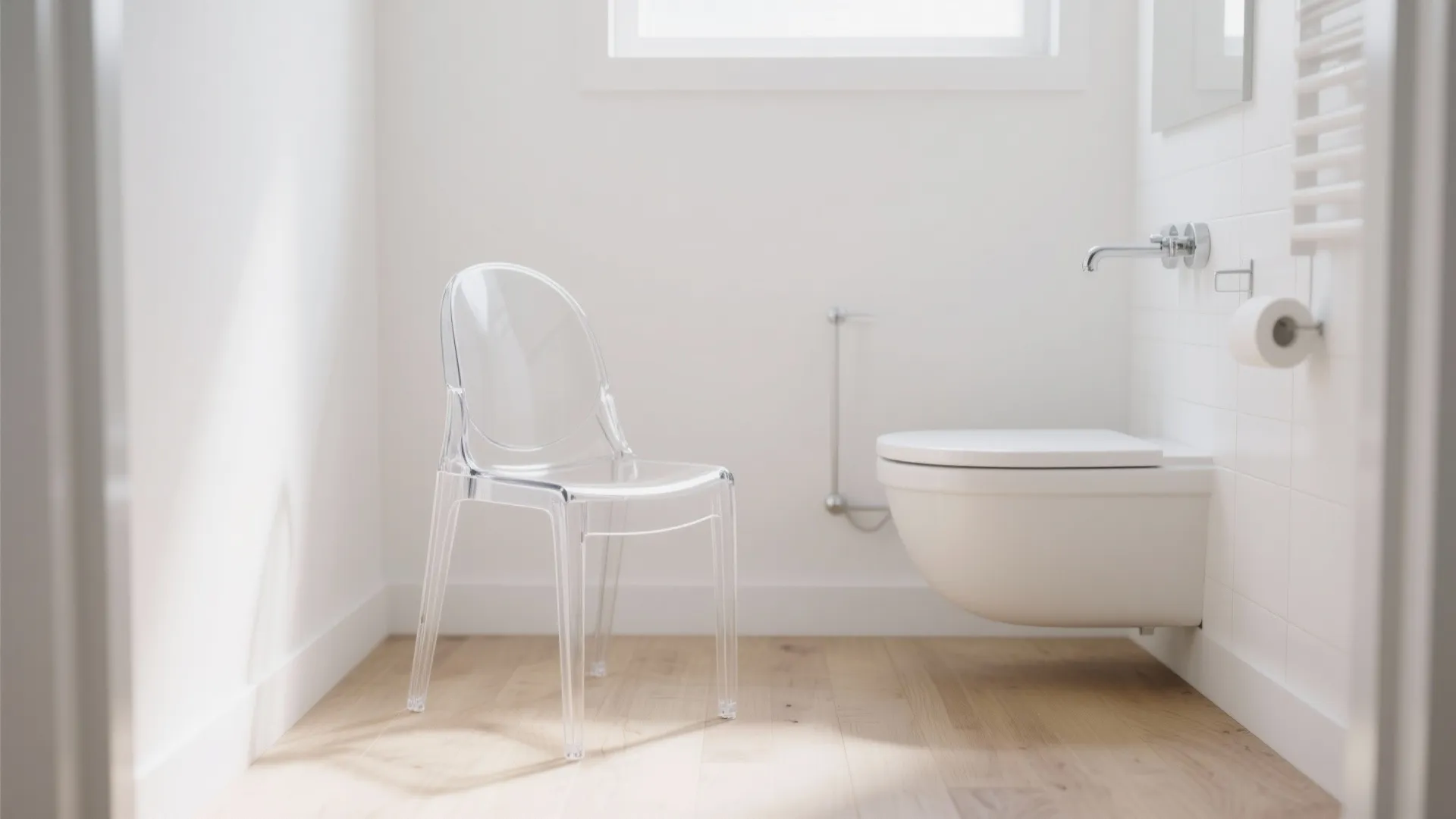 Modern bright bathroom featuring a clear plastic chair wooden floor white toilet and natural light