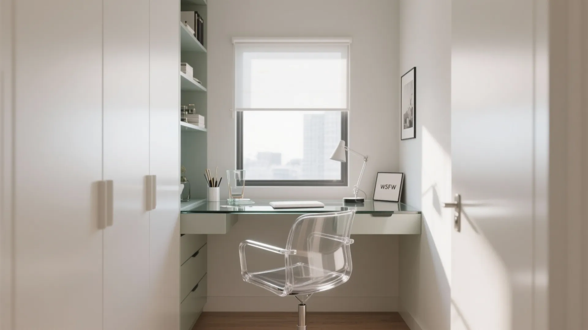 Closet office with clear acrylic chair and glass accents