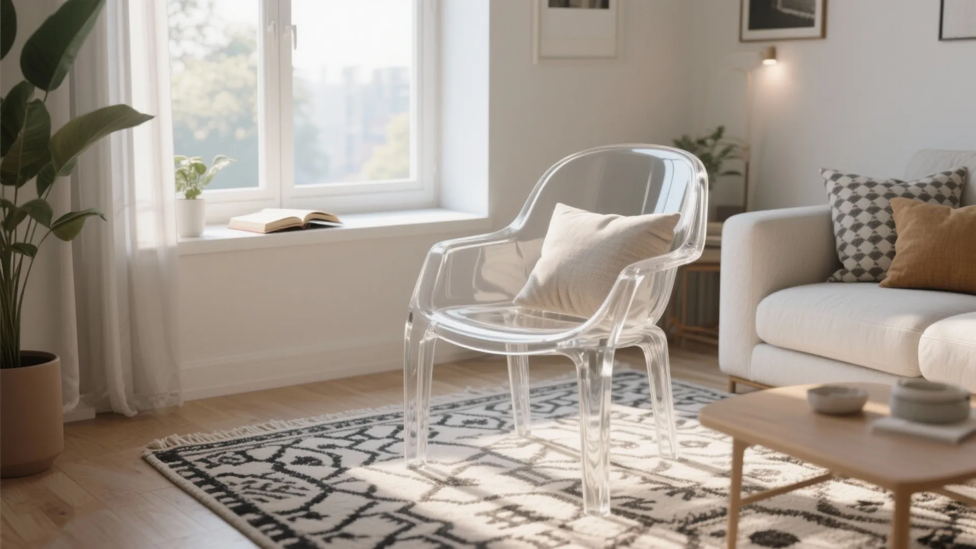 Transparent acrylic chair with cushions in a small reading nook