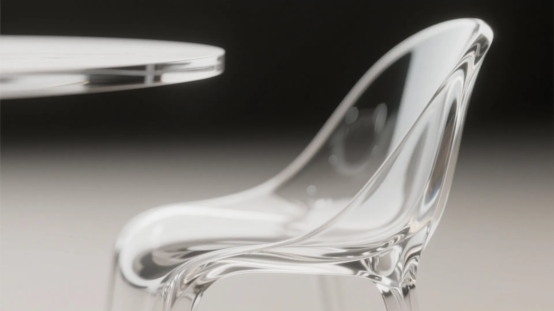 Modern clear plastic chair next to a white table with a clean and minimalist look