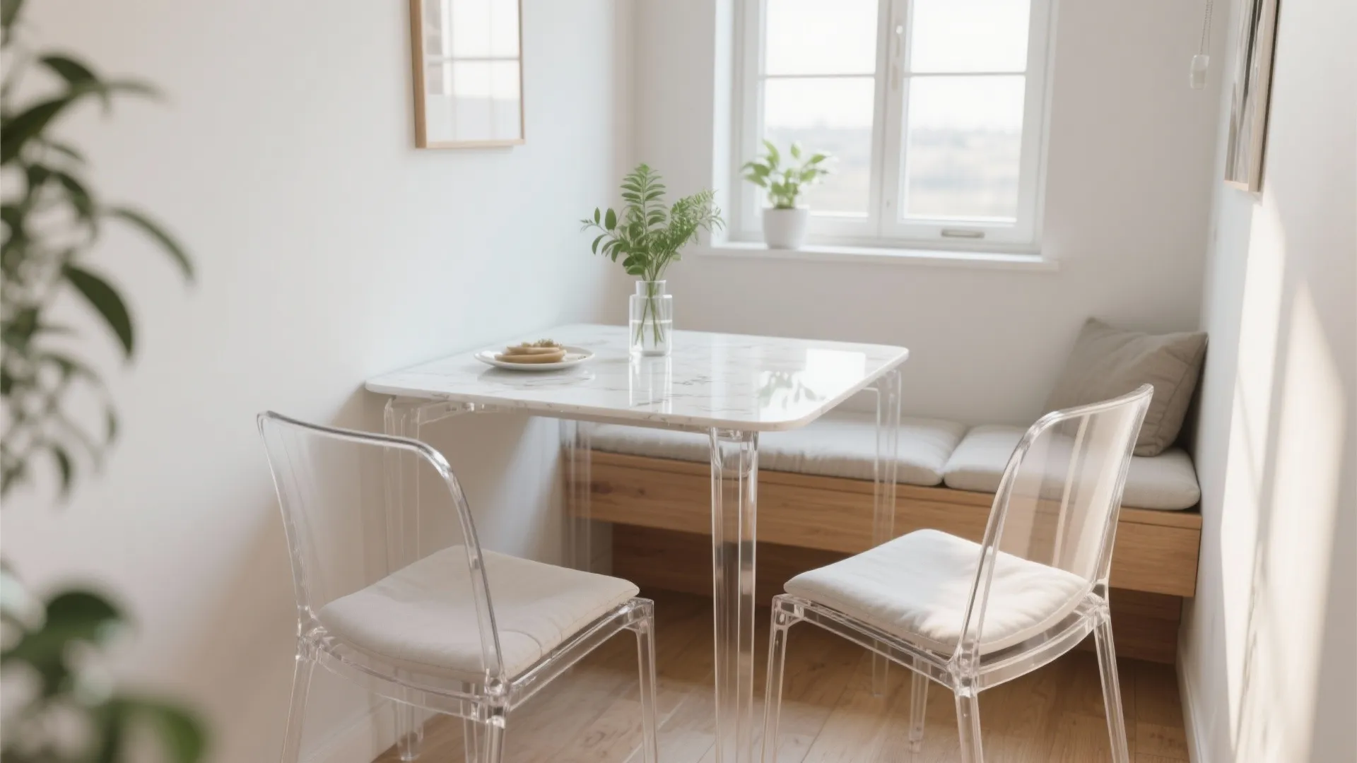 Clear acrylic and wire-frame chairs around a small table creating an airy dining area.