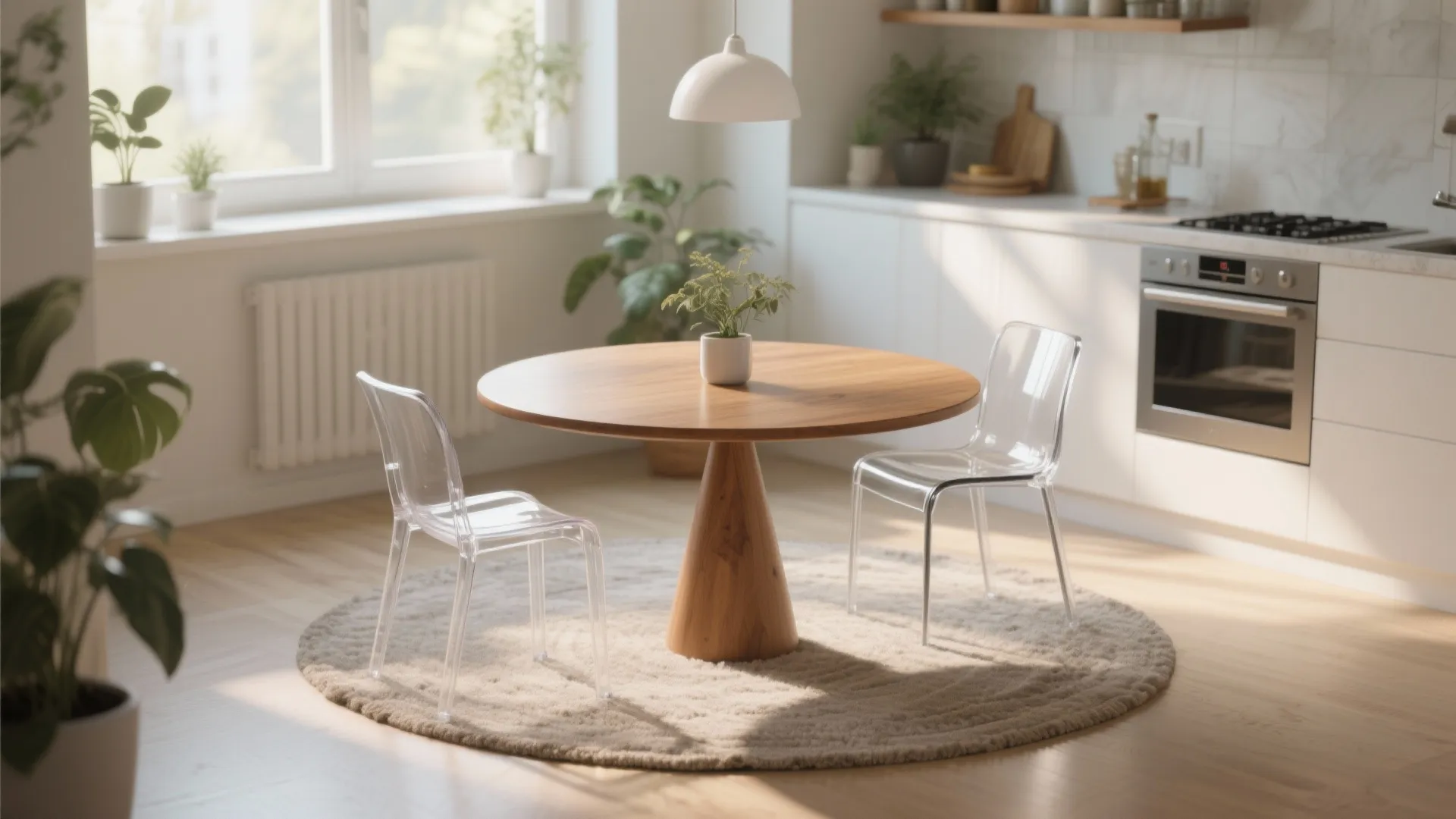 Wooden round dining table with clear plastic chairs on a round rug in bright kitchen