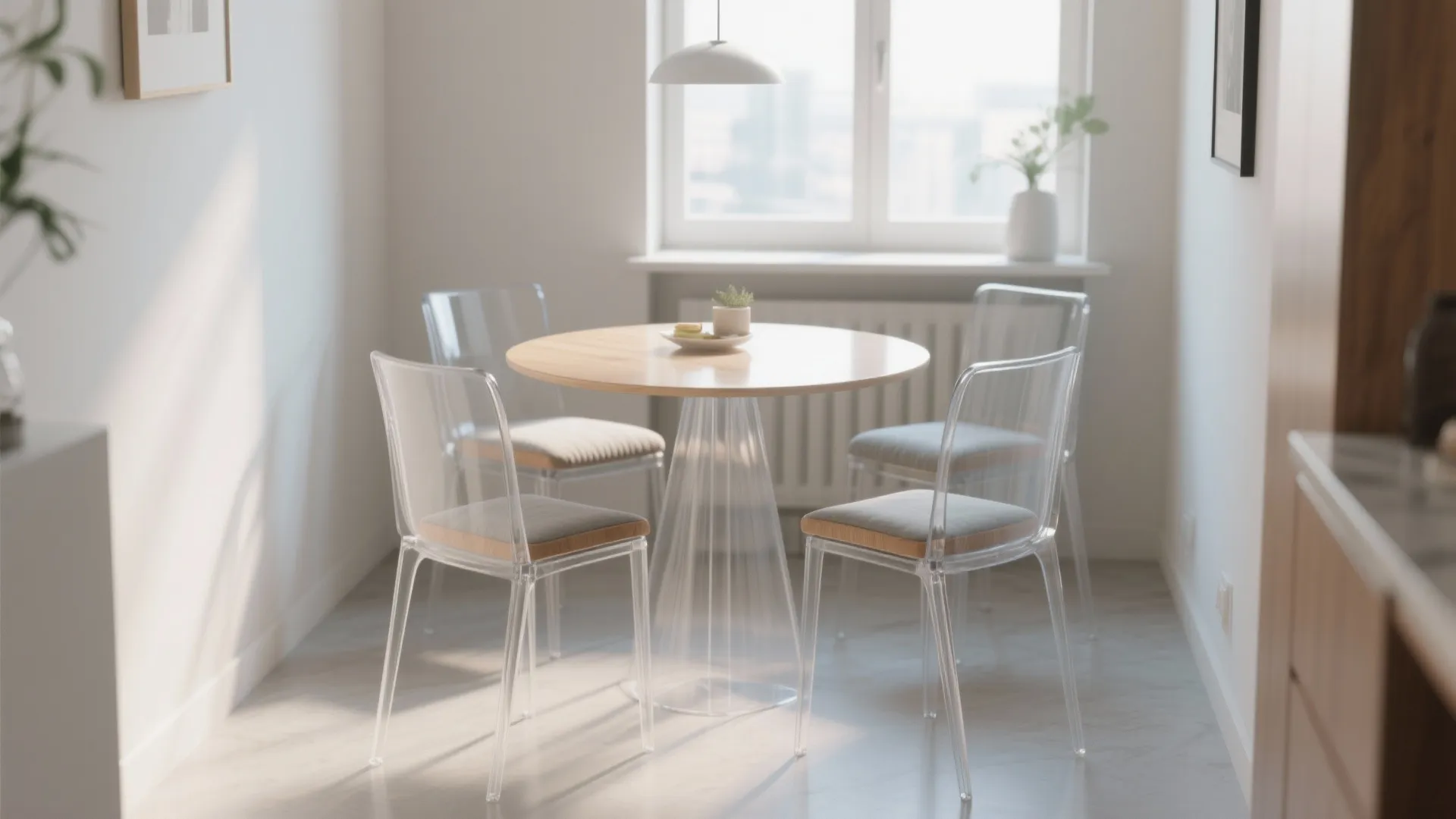 Minimalist dining room with round wooden table four clear acrylic chairs and white hanging lamp