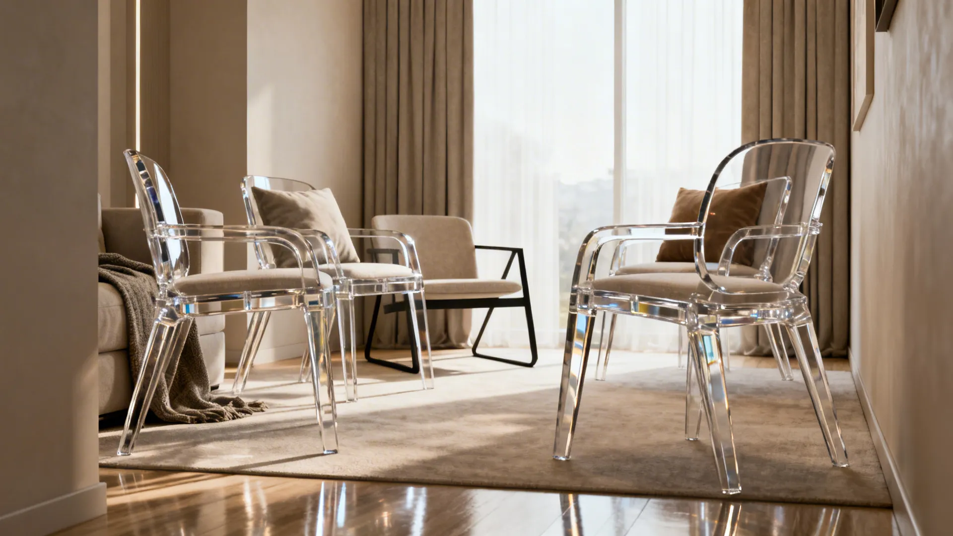 Transparent acrylic accent chairs angled for conversation with cushions to soften the look.