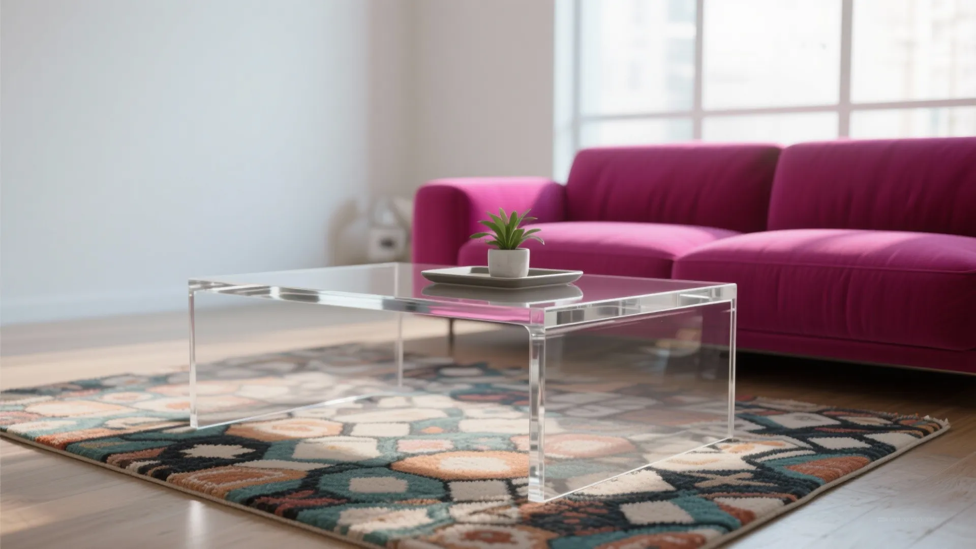 Clear acrylic coffee table placed on a colorful patterned rug with a bright pink sofa