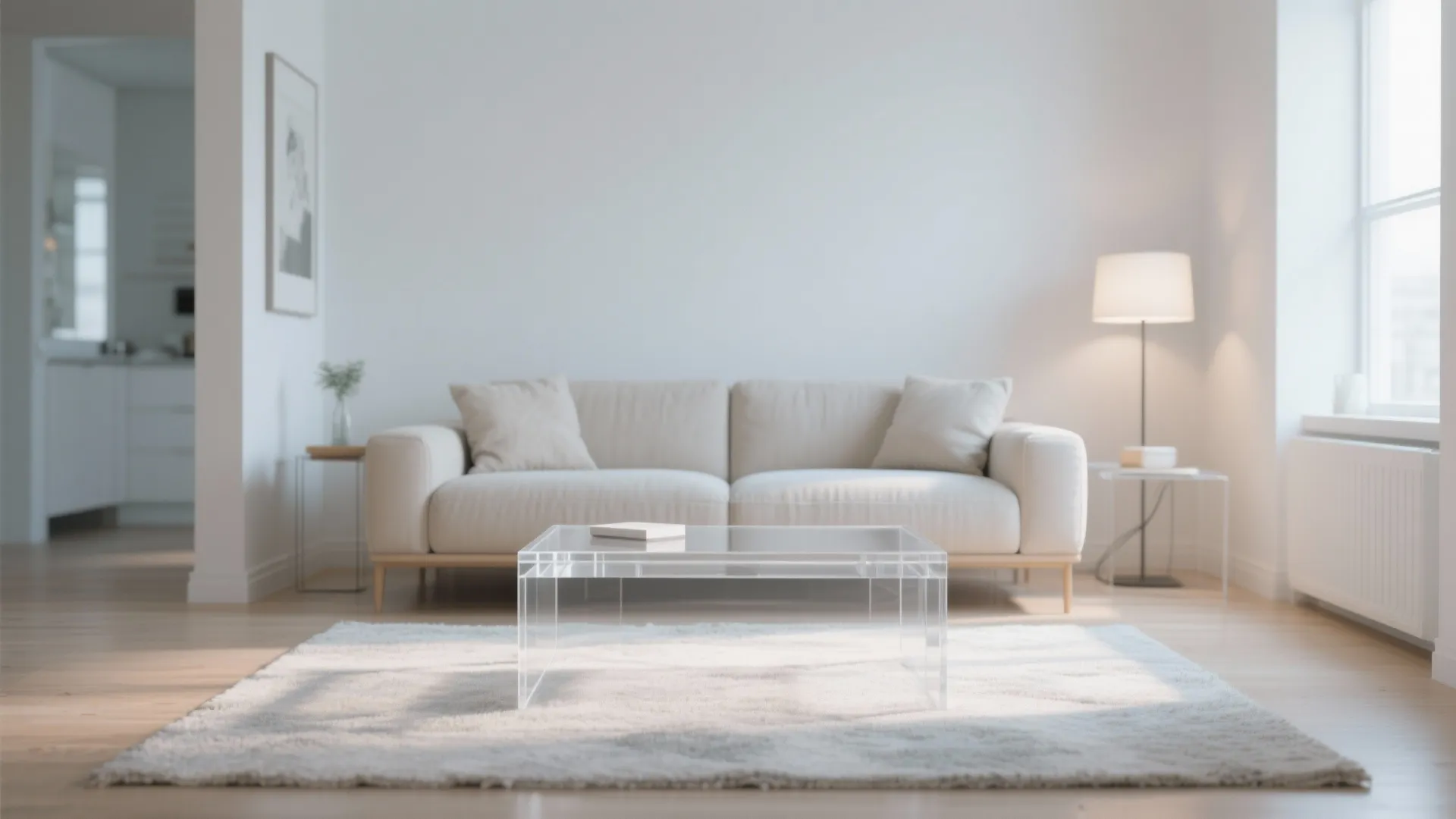 Minimalist white living room featuring a clear coffee table on a grey rug with sofa