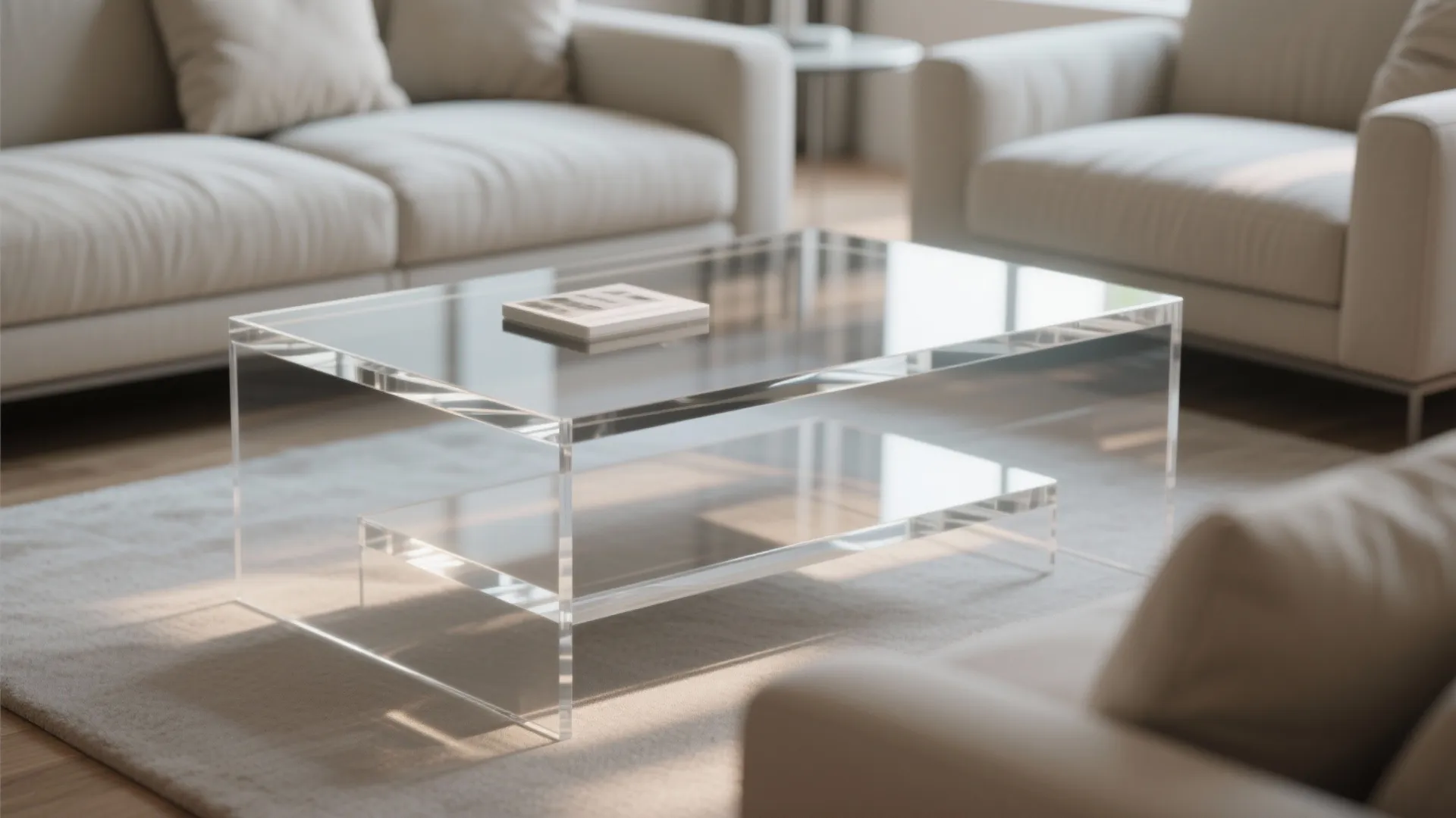Clear plastic coffee table placed on a grey rug between two comfortable cream colored sofas
