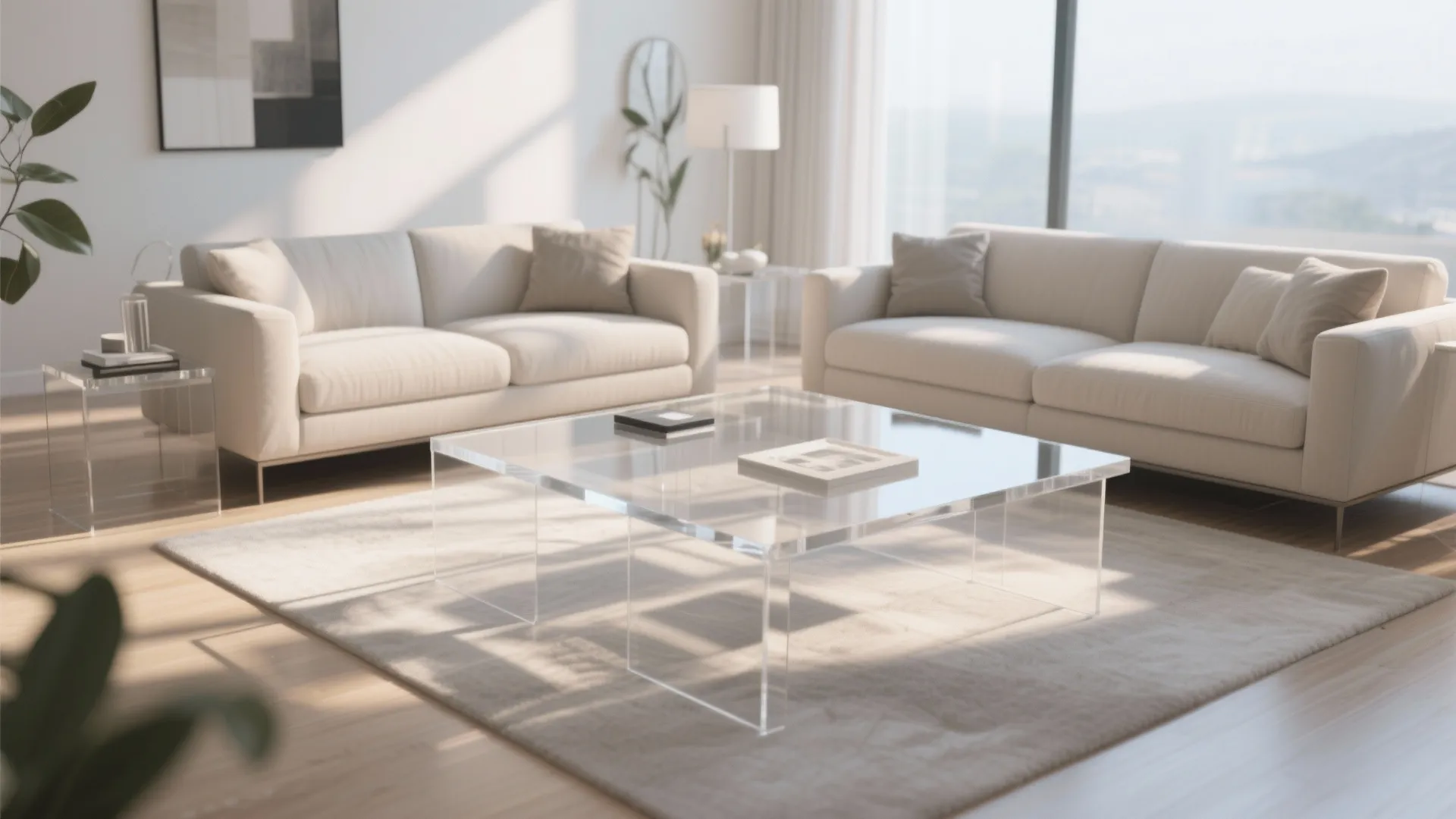 Modern bright living room with two beige sofas clear coffee table soft rug and large window
