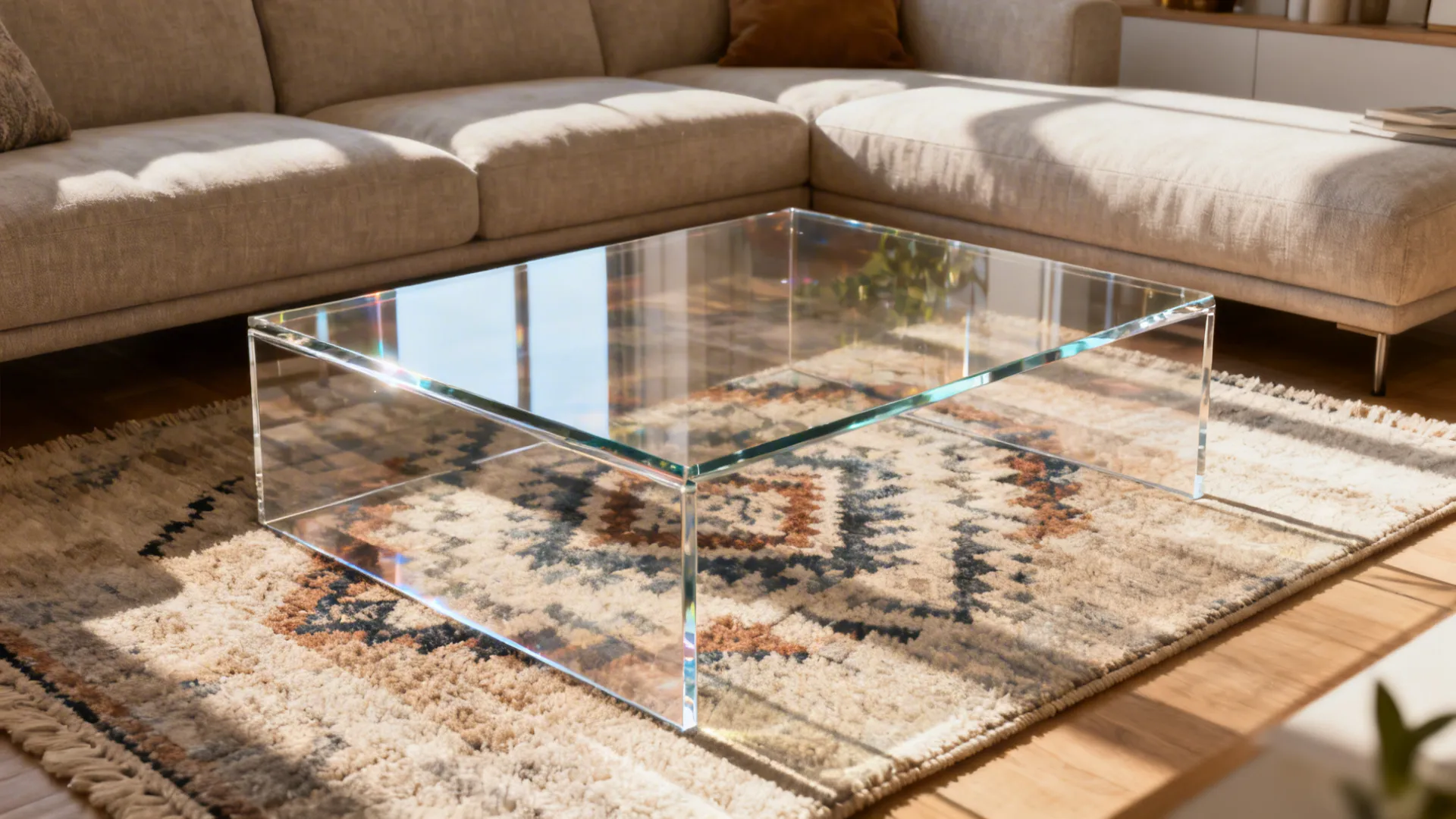 Clear acrylic coffee table in a small studio that preserves sightlines and visual openness