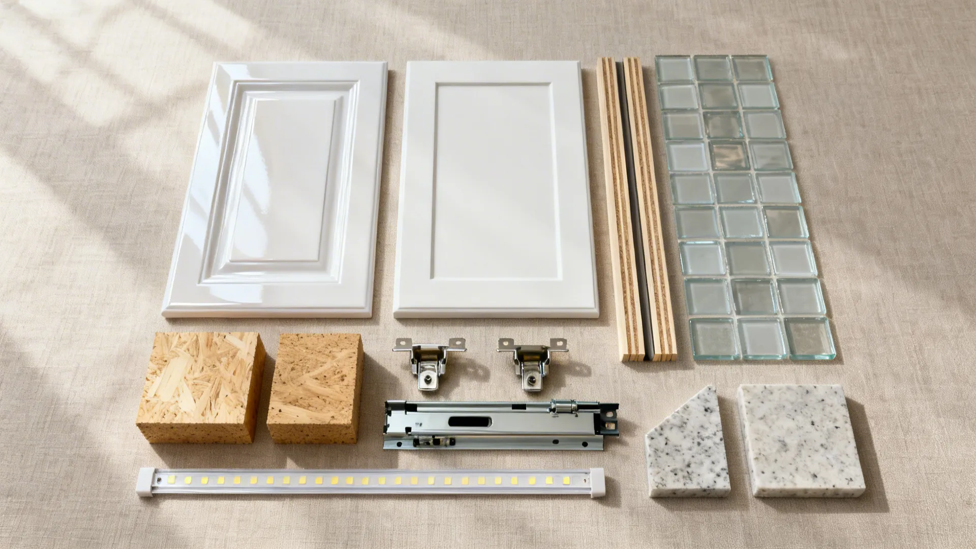 Flat lay of acrylic door samples, edge banding, plywood and MDF blocks, hinges, LED strip, and countertop chip.