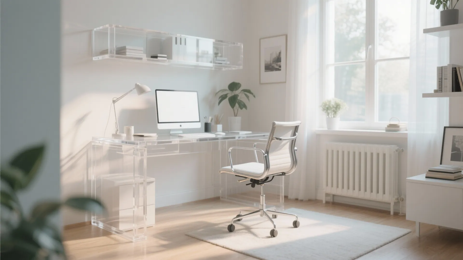Small home office with a transparent acrylic desk and minimal decor