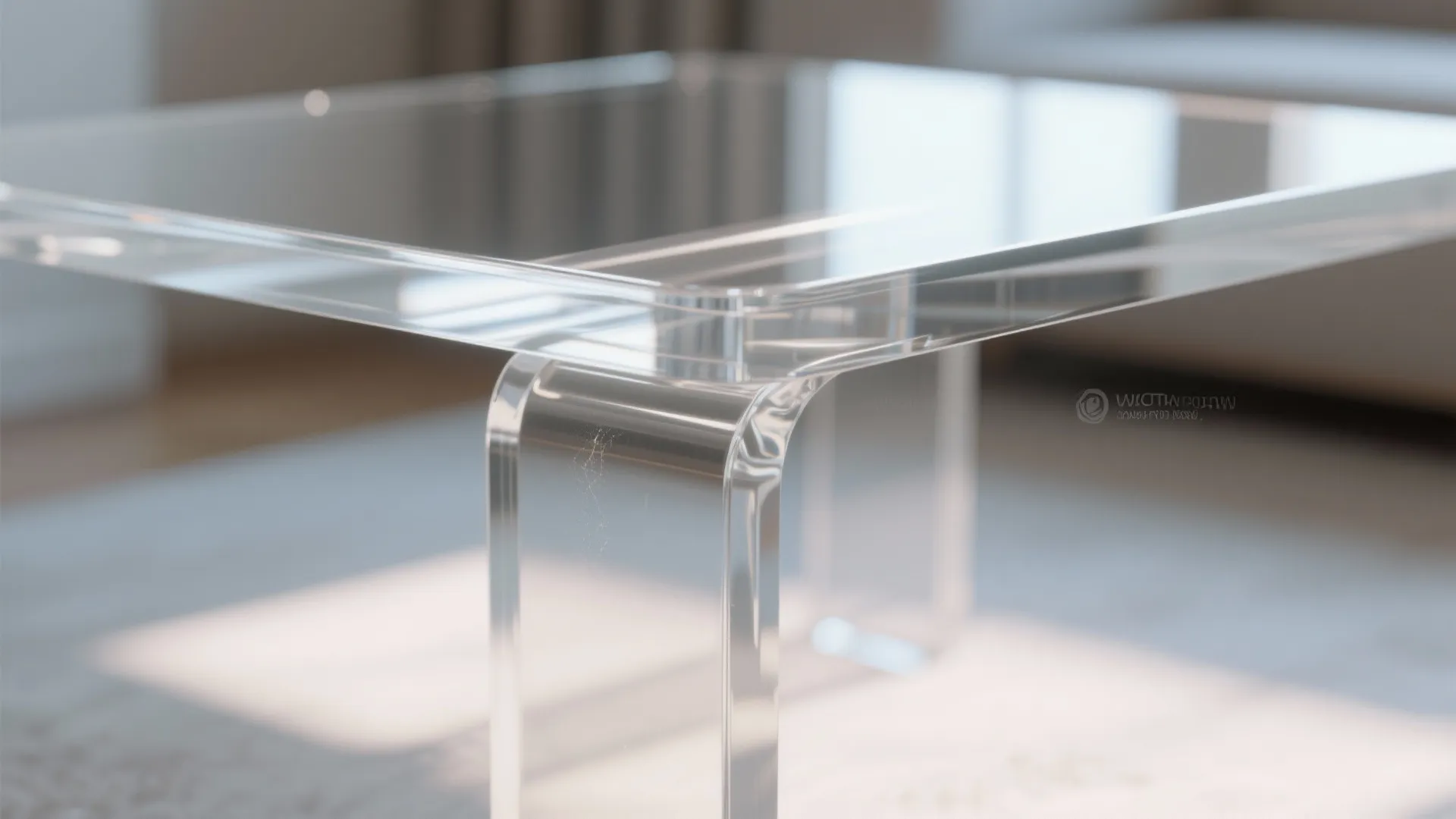 Close up of a clear plastic coffee table showing clean edges in a bright room