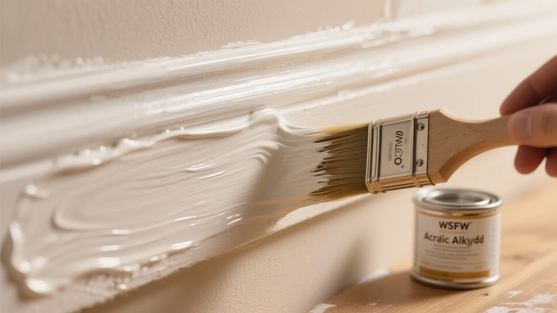 Applying white paint to a decorative wall panel using a brush with a small can